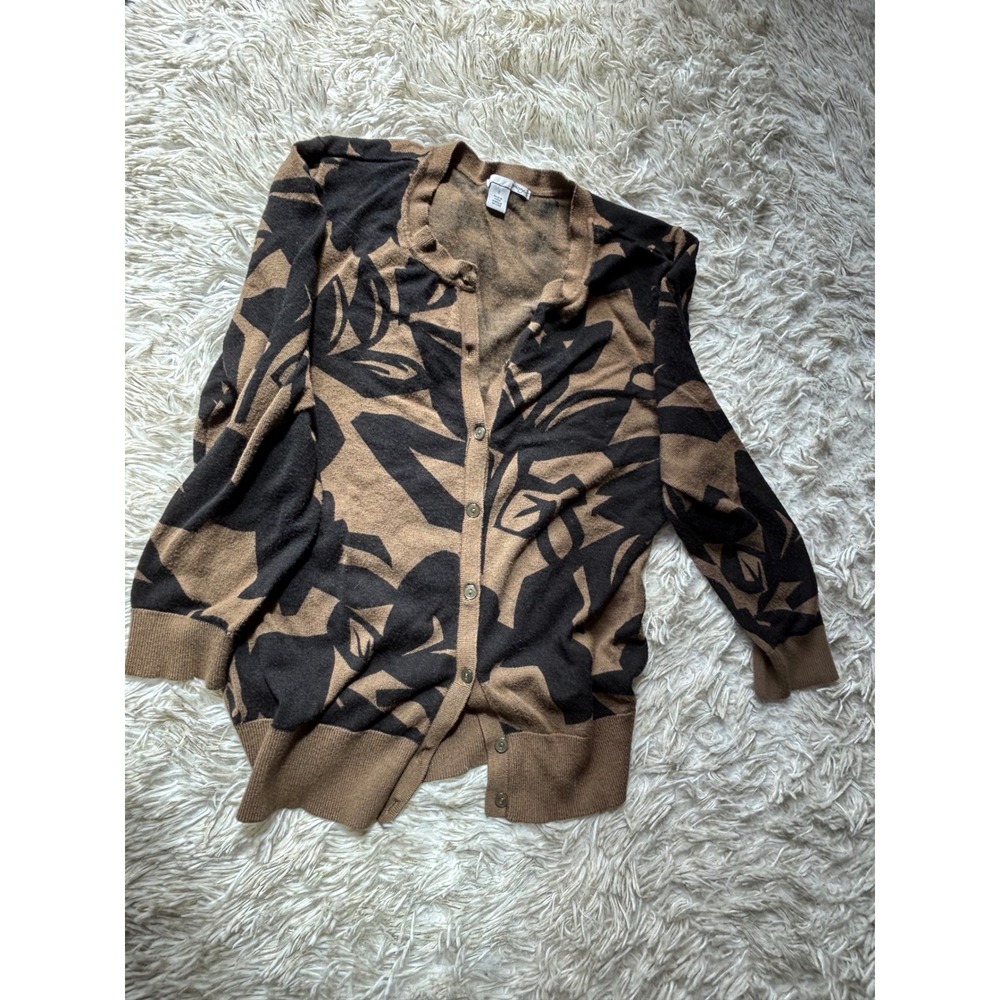 Halogen Brown Black Abstract Floral Leaf Print Button Front Cardigan Sweater S